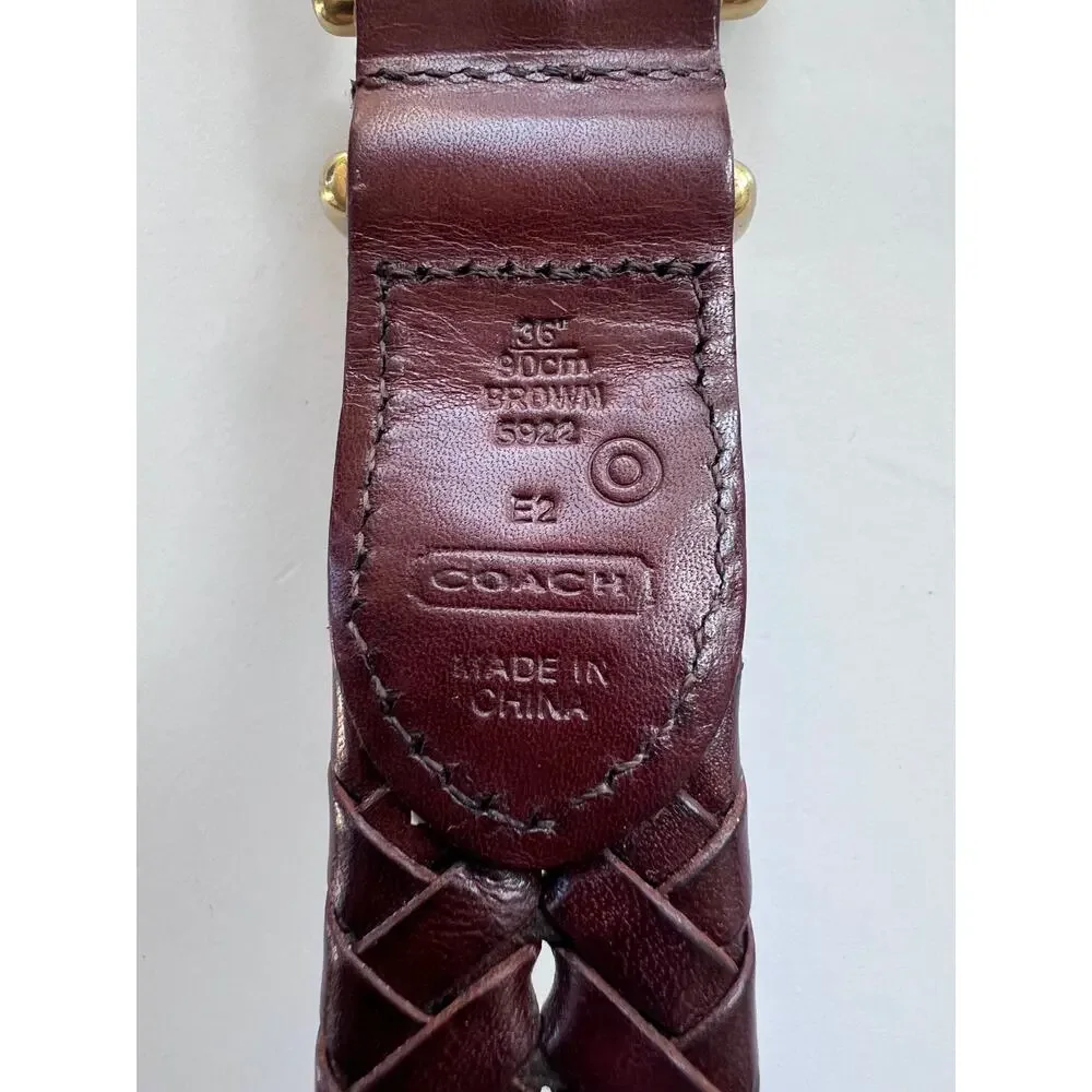 Coach Brown Braided Leather Belt Solid Brass Buckle Adjustable Vintage 36